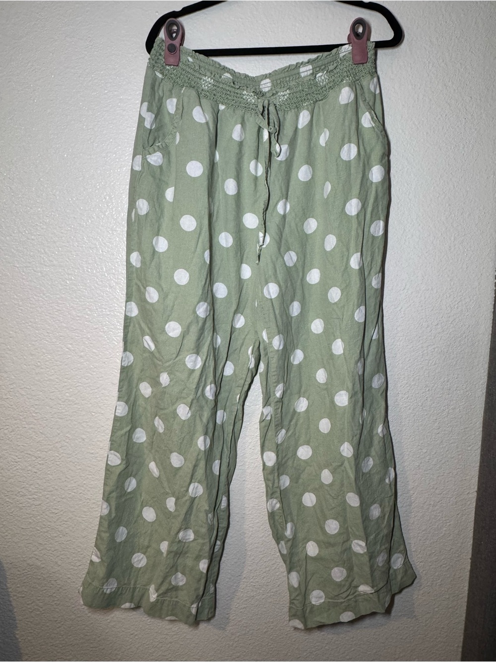 Light Green Polka Dot Wide Leg Pants linen blend